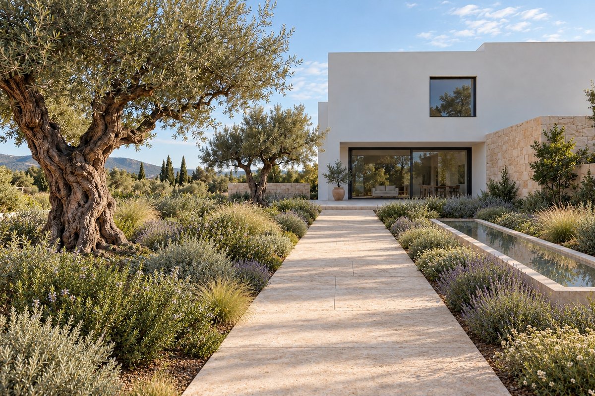 El mismo jardín conceptual consolidado: plantación mediterránea desarrollada, recorrido terminado y lámina de agua.