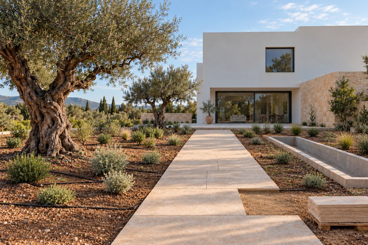 El mismo jardín conceptual durante la implantación: pavimento en ejecución, riego y plantas jóvenes.