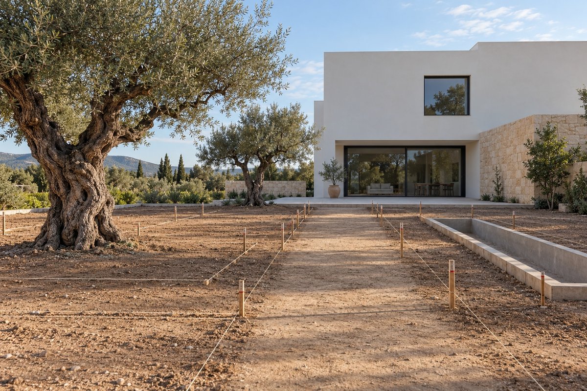 Ejemplo conceptual del replanteo: estacas y cuerdas delimitan el recorrido entre dos olivos existentes y una casa blanca.