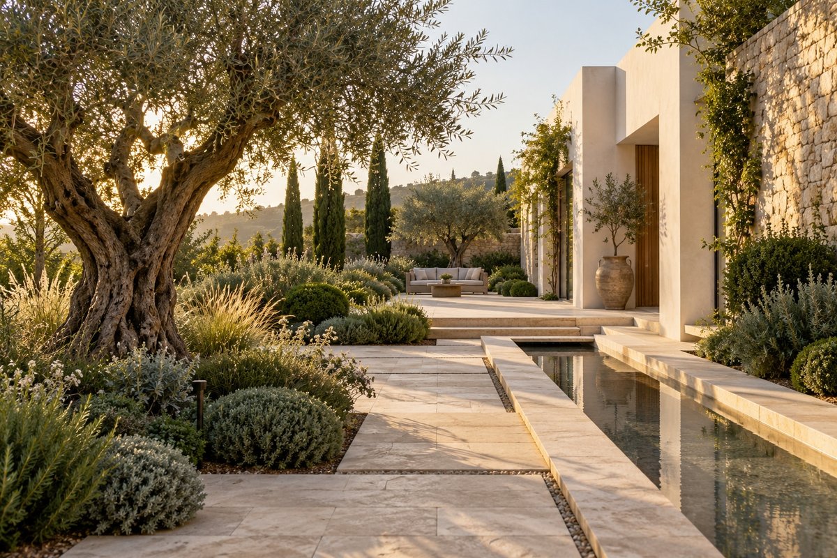 Jardín mediterráneo conceptual junto a una vivienda contemporánea, con olivo, piedra natural y agua.